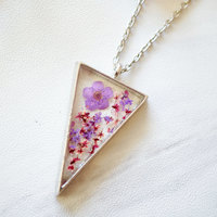 Real Pressed Flower and Resin Necklace Silver Triangle in Purple and Magenta - Thumbnail 1