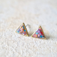 Real Pressed Flower and Resin Stud Earrings in Reds, Oranges, Blues, Purples, and Pinks Mix - Thumbnail 1