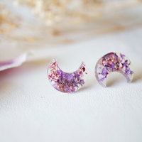 Real Dried Flowers and Resin Moon Stud Earrings in Purples - Thumbnail 2