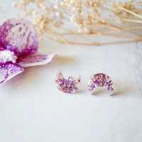 Real Dried Flowers and Resin Moon Stud Earrings in Purples - Thumbnail 3