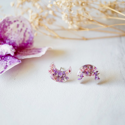 Real dried flowers and resin moon stud earrings in purples