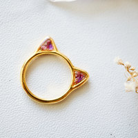 Real Pressed Flower and Resin Gold Cat Ring in Purples - Thumbnail 4