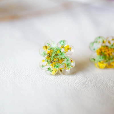 Real dried flowers and resin clover stud earrings in yellow and green