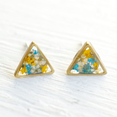 Real pressed flower and resin stud earrings in blues, yellows, and white mix