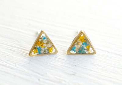 Real Pressed Flower and Resin Stud Earrings in Blues, Yellows, and White Mix