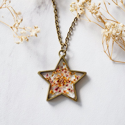 Real pressed flower and resin star necklace in pink orange mix