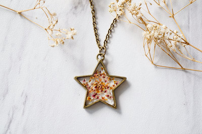 Real Pressed Flower and Resin Star Necklace in Pink Orange Mix