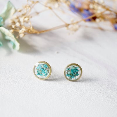 Real dried flowers and resin stud earrings in mint teal mix