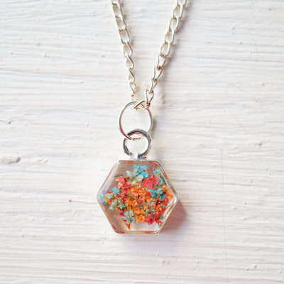 Real pressed flower and resin necklace in orange red blue mix
