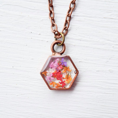 Real pressed flower and resin necklace in pinks and purples mix