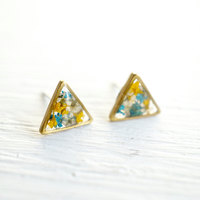 Real Pressed Flower and Resin Stud Earrings in Blues, Yellows, and White Mix - Thumbnail 1
