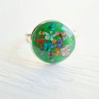 Real Pressed Flower and Green Glitter Resin Ring in Reds, Oranges, Blues, Purples, and Pinks Mix - Thumbnail 1
