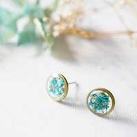 Real Dried Flowers and Resin Stud Earrings in Mint Teal Mix - Thumbnail 1