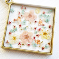 Real Pressed Flower and Resin Necklace in Magenta, Pastel Pinks, Yellows, and Blues Mix, With Real Gold Foil Flakes. - Thumbnail 1
