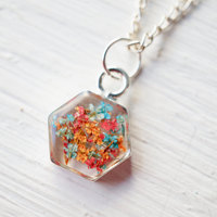 Real Pressed Flower and Resin Necklace in Orange Red Blue Mix - Thumbnail 1