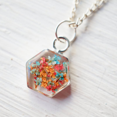 Real pressed flower and resin necklace in orange red blue mix