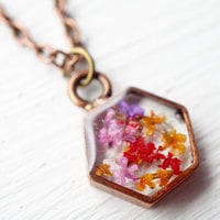 Real Pressed Flower and Resin Necklace in Pinks and Purples Mix - Thumbnail 1