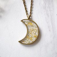 Real Pressed Flower and Resin Moon Necklace in White and Gold Foil Mix - Thumbnail 1