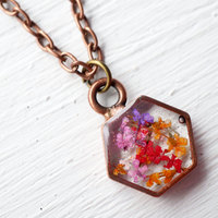 Real Pressed Flower and Resin Necklace in Pinks and Purples Mix - Thumbnail 2