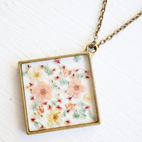 Real Pressed Flower and Resin Necklace in Magenta, Pastel Pinks, Yellows, and Blues Mix, With Real Gold Foil Flakes. - Thumbnail 3