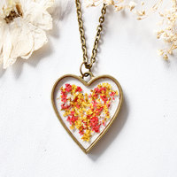 Real Dried Flowers in Resin Heart Necklace in Red Yellow Mix - Thumbnail 2