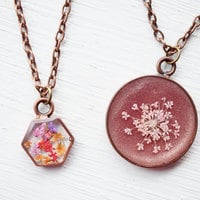 Real Pressed Flower and Resin Necklace in Pinks and Purples Mix - Thumbnail 3