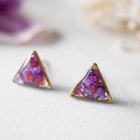 Real Dried Flowers and Resin Stud Earrings in Purple and Magenta Mix - Thumbnail 4