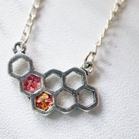 Real Dried Flowers in Honeycomb Resin Necklace in Magenta Mix - Thumbnail 4