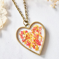Real Dried Flowers in Resin Heart Necklace in Red Yellow Mix - Thumbnail 4