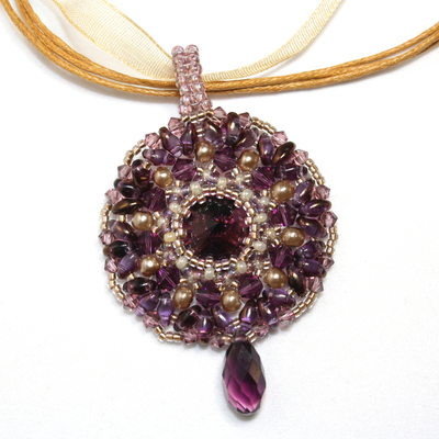 Purple crystal pendant on ribbon necklace