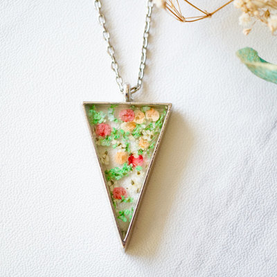 Real pressed flower and resin necklace silver triangle in green pink and orange - Thumbnail 5