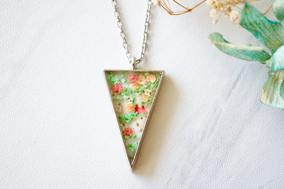 Real Pressed Flower and Resin Necklace Silver Triangle in Green Pink and Orange