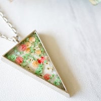 Real Pressed Flower and Resin Necklace Silver Triangle in Green Pink and Orange - Thumbnail 1