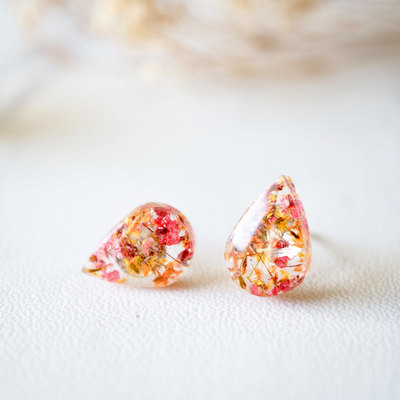 Real dried flowers and resin teardrop stud earrings in pink orange yellow