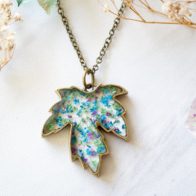 Real pressed flower and resin necklace maple leaf in blue purple green