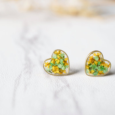 Real dried flowers and resin heart stud earrings in yellow green