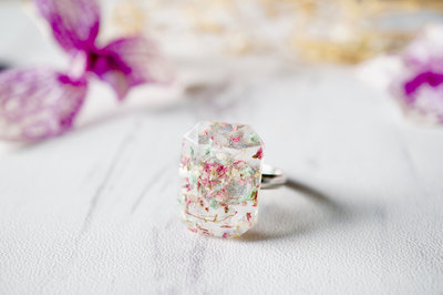 Real Pressed Flower and Resin Ring in Mint Magenta White