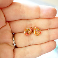 Real Dried Flowers and Resin Teardrop Stud Earrings in Pink Orange Yellow - Thumbnail 1