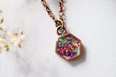 Real Dried Flowers in Resin Necklace Purple Pink Green Yellow Mix