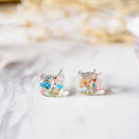 Real Dried Flowers and Resin Cat Stud Earrings in Party Mix - Thumbnail 1