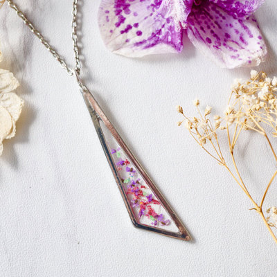 Real pressed flower and resin necklace in mint green, purples, and pinks mix