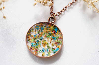 Real Pressed Flower and Resin Necklace in Oranges, Yellows, Greens, Blues, and Pinks