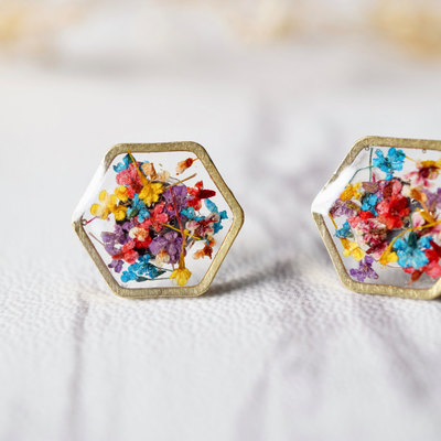 Real dried flowers and resin hexagon stud earrings in blue purple red yellow
