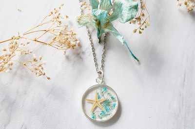Real Starfish and Pressed Flower in Resin Necklace in Blues Mix