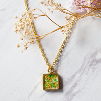 Real Dried Flowers in Gold Resin Necklace Green and Yellow Mix - Thumbnail 1