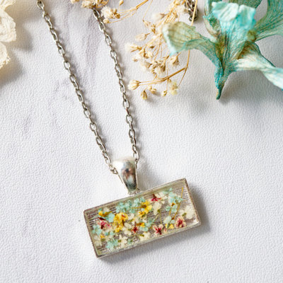 Real pressed flower and resin bar necklace in mint yellow pink white mix
