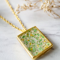 Real Dried Flowers in Resin Square Necklace in Gold Yellow Green White - Thumbnail 1