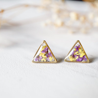 Real dried flowers and resin stud earrings in purple and yellow mix