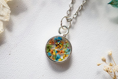 Real Dried Flowers in Resin Necklace in Blue Green Orange Yellow Mix