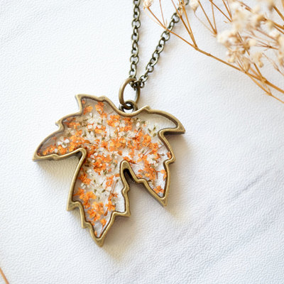 Real pressed flower and resin necklace maple leaf in orange and white